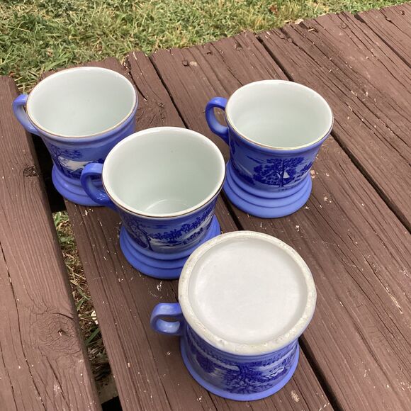 Vintage Winter Homestead Scene Blue Porcelain Coffee Mugs Set of 4 - Picture 2 of 5